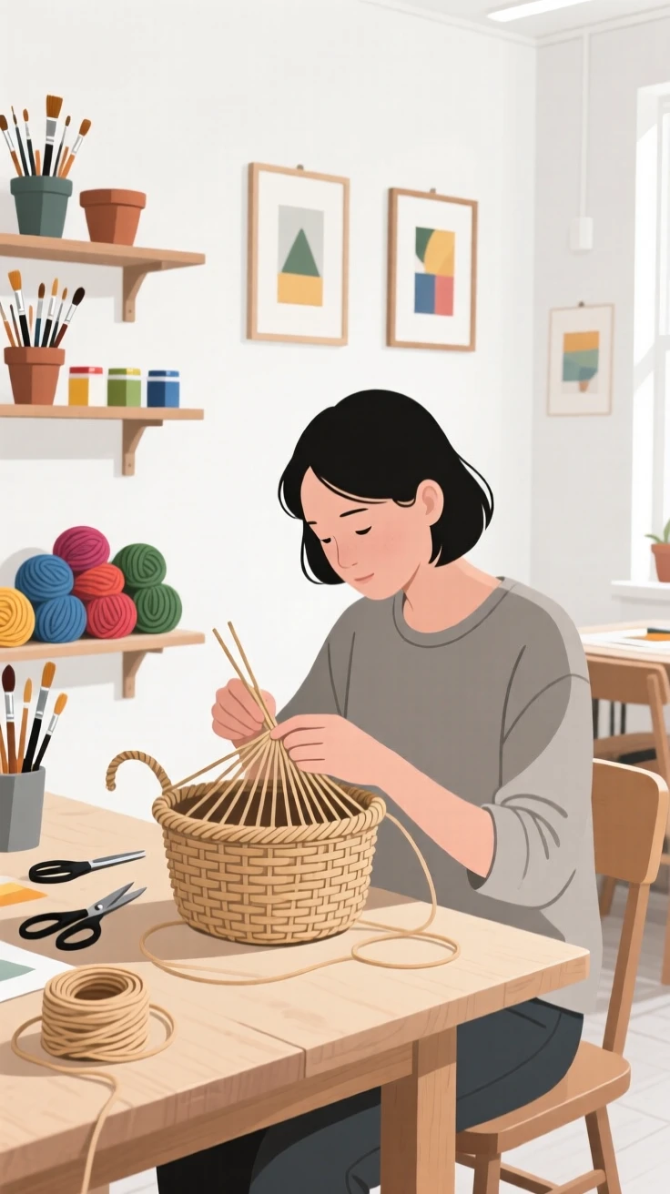 A person weaving a basket in a community art room.