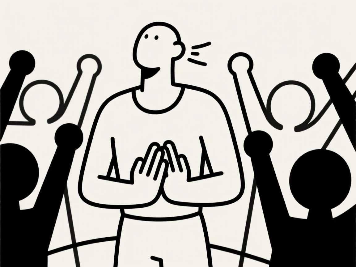 A runner catching their breath standing in a crowded celebration, embodying a feeling of proud accomplishment, with a pair of clasped hands nearby.