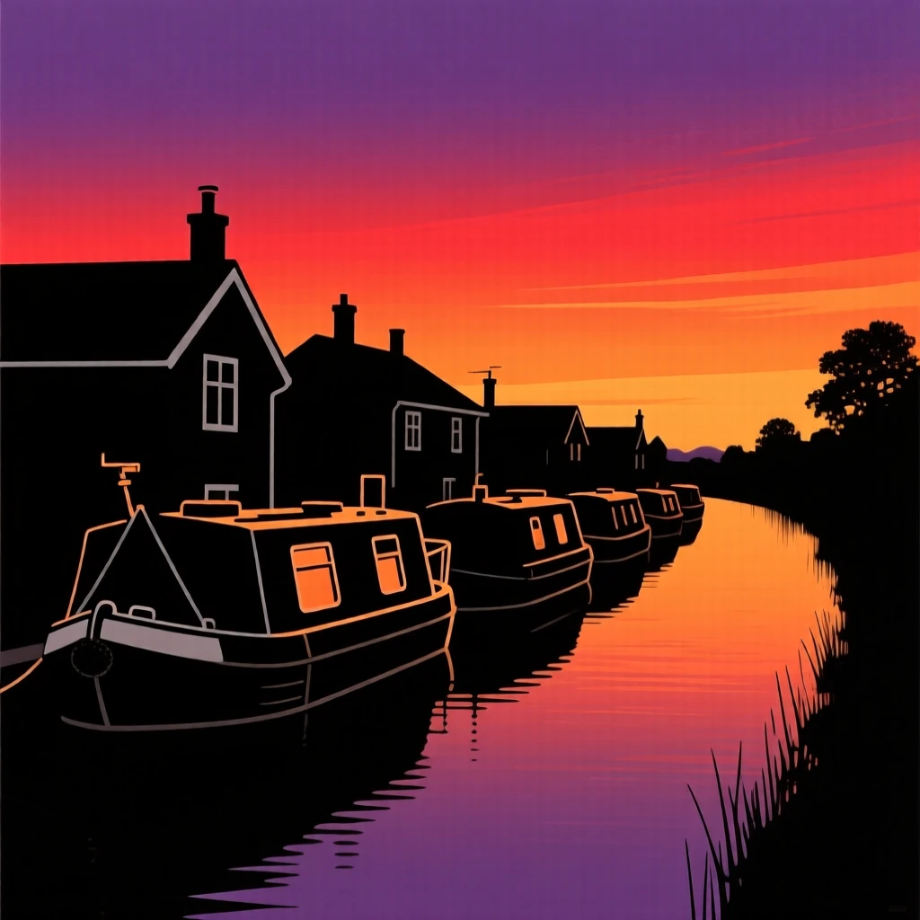 A row of houseboats lining a quiet canal at sunset.