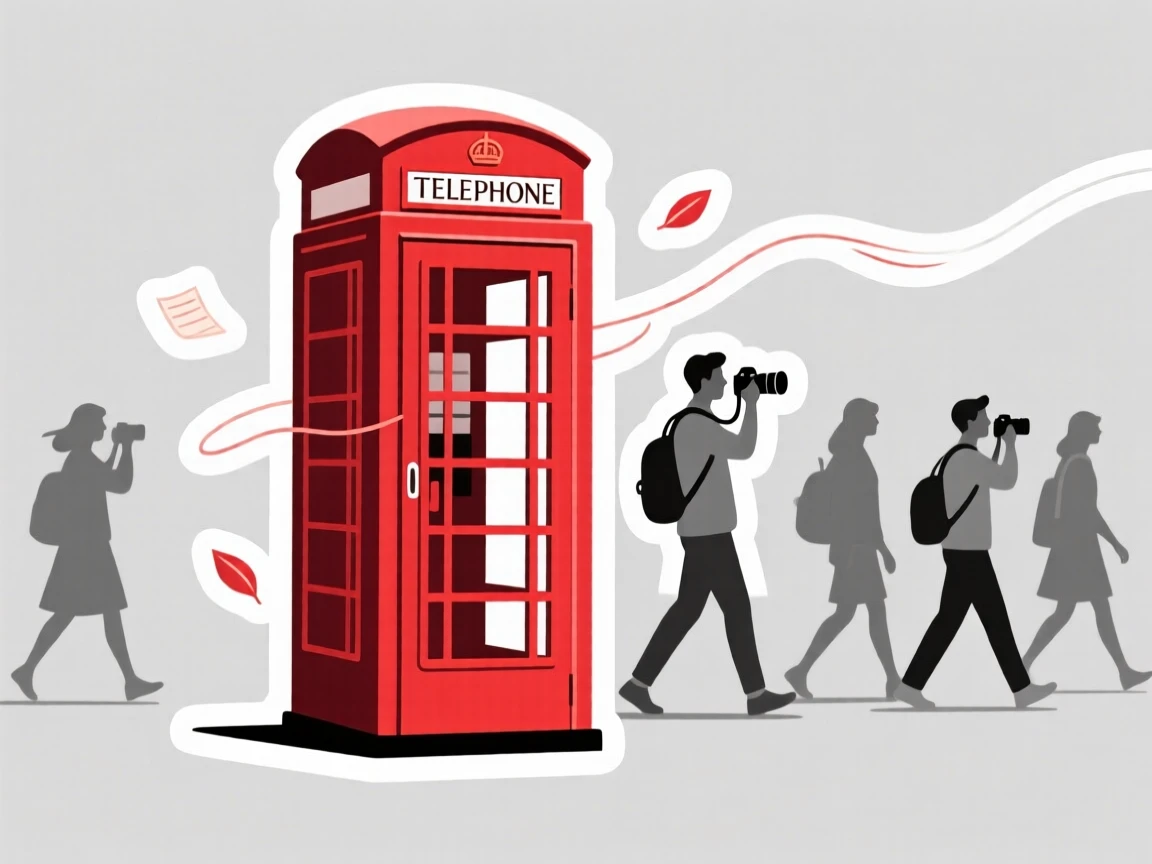 A vibrant and inviting classic red London phone booth, with a gentle breeze moving through the scene, as travelers pass by with cameras ready.
