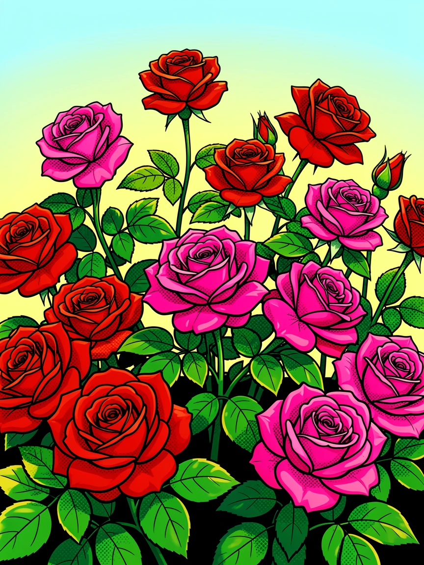 A rose garden in full bloom under morning light