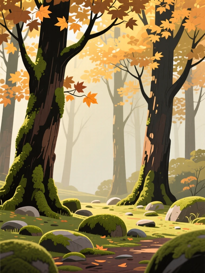 Sunlight filters through a ancient grove of moss-covered maples, casting dappled golden light across a forest floor scattered with smooth mossy stones.