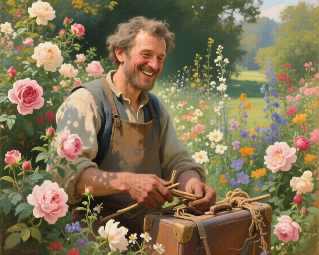 A tightly framed close-up of a traveling craftsman in a fragrant flower garden, brimming with joy, at midday.