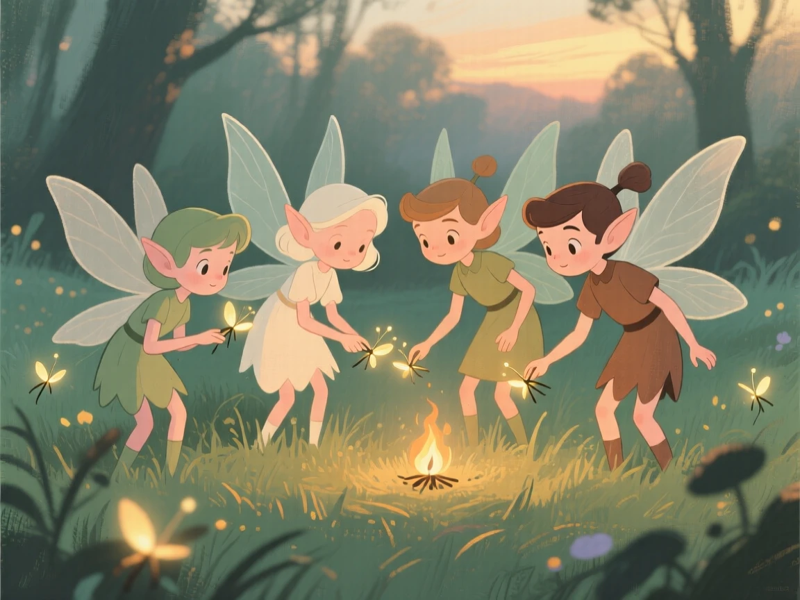 A group of forest sprites lighting fireflies in a twilight meadow