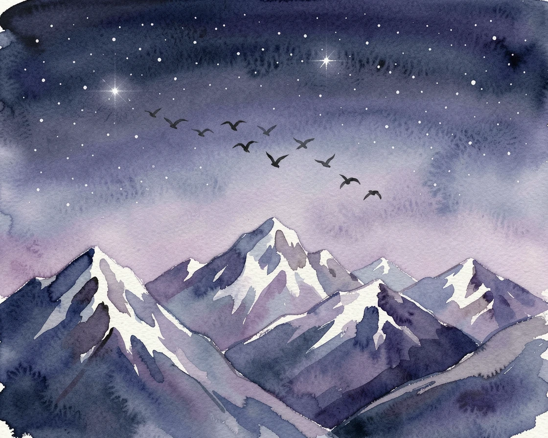 A snow-capped mountain range under a starry night sky with a flock of birds crossing the sky.
