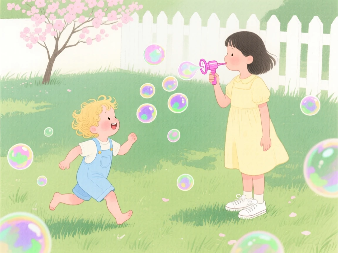 A toddler chases bubbles across a grassy backyard while an older sibling blows more from a bubble wand
