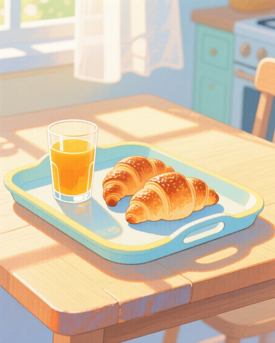 A breakfast tray with orange juice and warm croissants, arranged invitingly on a sunny table.