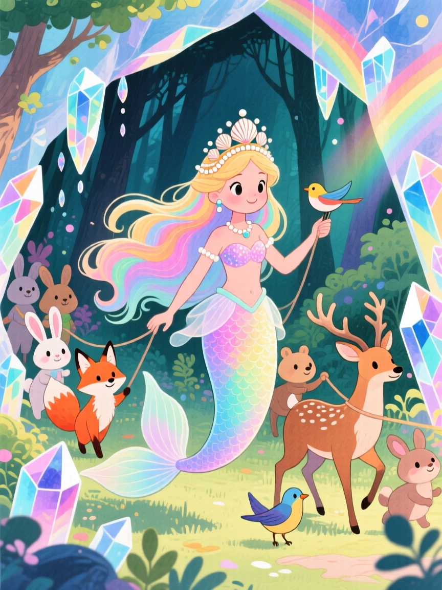 A mermaid princess leading a parade of woodland creatures through the forest, in a crystal cave shimmering with rainbow light, radiating hope and heroic determination.