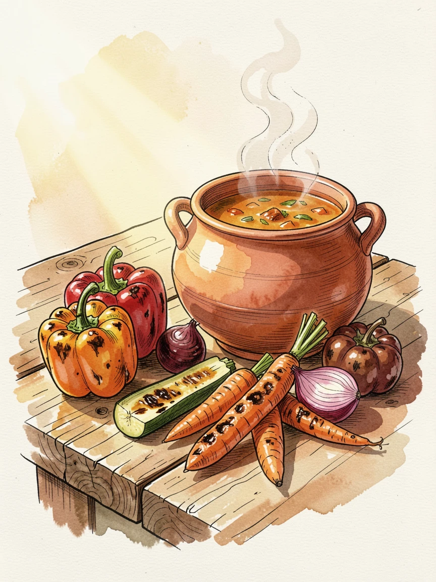 A rustic table set with roasted vegetables and a pot of hearty soup, sunlight streaming across the table, highlighting every texture.