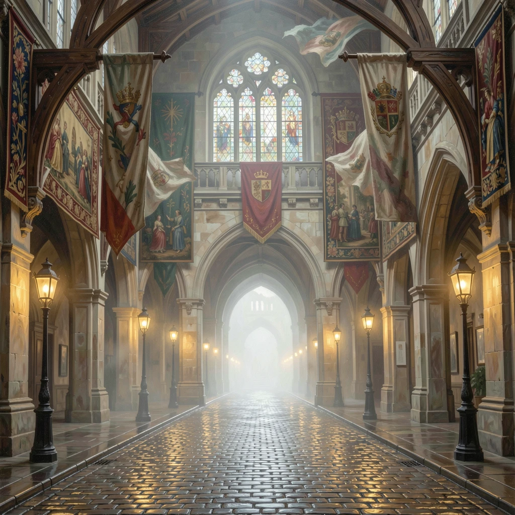 A Victorian-era street lit by gas lamps, within a grand hall decorated with tapestries, banners fluttering from the rooftops above, on a misty, overcast morning.