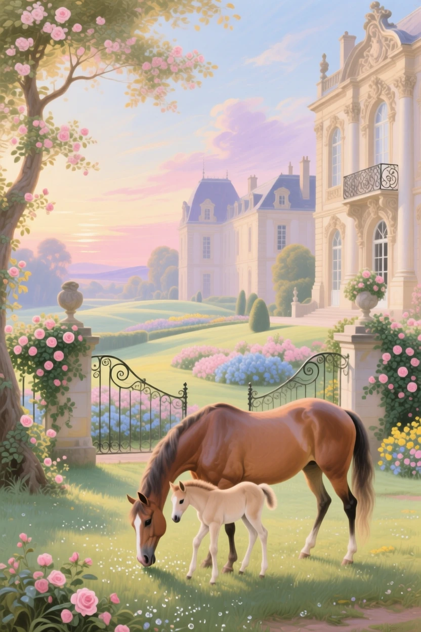 A mare and foal grazing beneath the walls of a distant palace  
