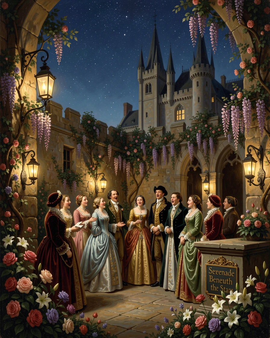 A group of nobles sings within the halls of a castle garden blooming behind stone walls beneath a canopy of stars.
