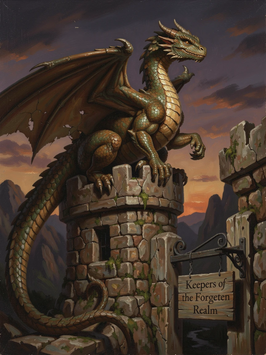 A majestic dragon perched atop a crumbling castle tower at dusk, with a sense of scale that conveys awe and grandeur, creating a scene that feels both magical and entirely believable