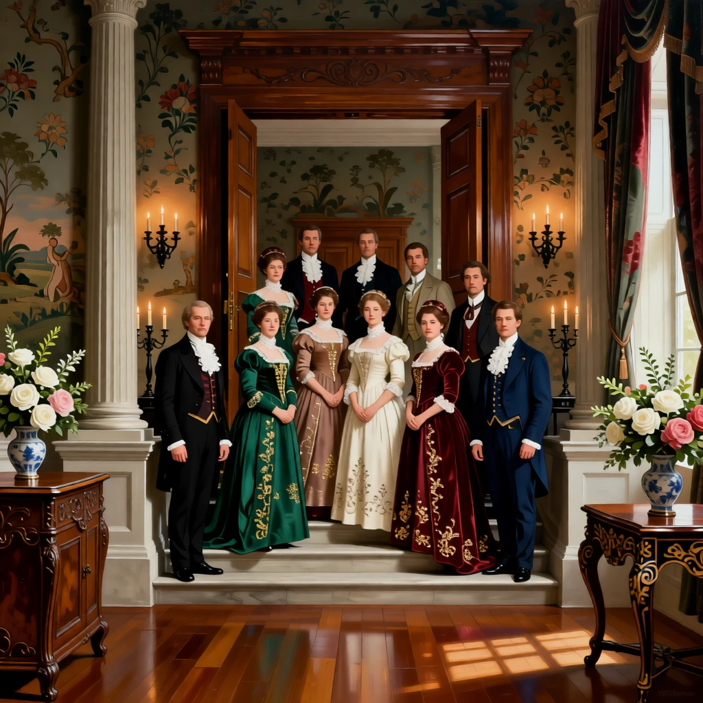 A wedding party posing on the steps of a stately manor as candlelight flickers across polished floors, set in a richly furnished drawing room with tapestried walls, with fresh flowers arranged in porcelain vases throughout the room; rich architectural framing lends grandeur without crowding the figures, evoking refinement, tradition, and quiet opulence.