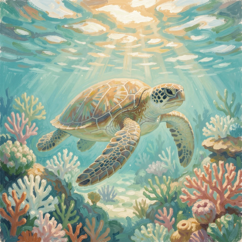 A sea turtle gliding gracefully through crystal-clear turquoise water above a coral reef, filled with warmth and nostalgia.