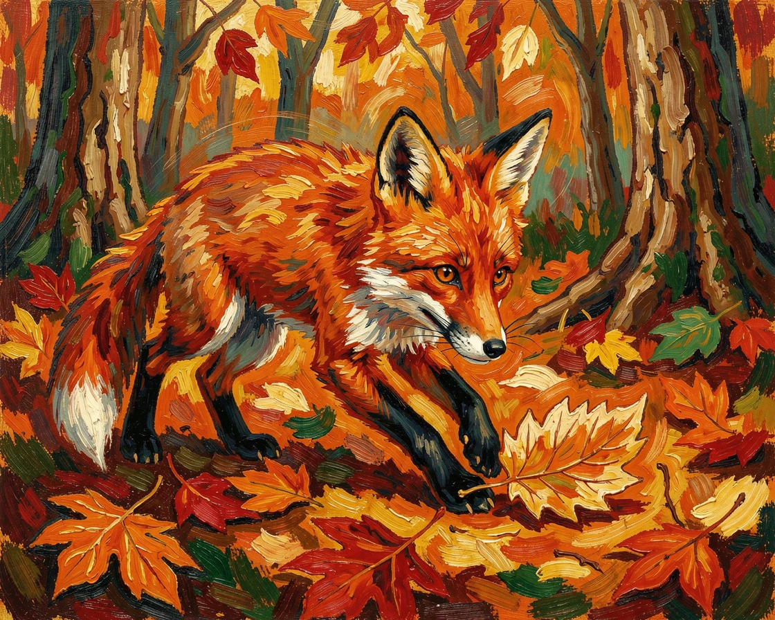 A curious fox cub pouncing playfully on a fallen leaf in an autumn wood.