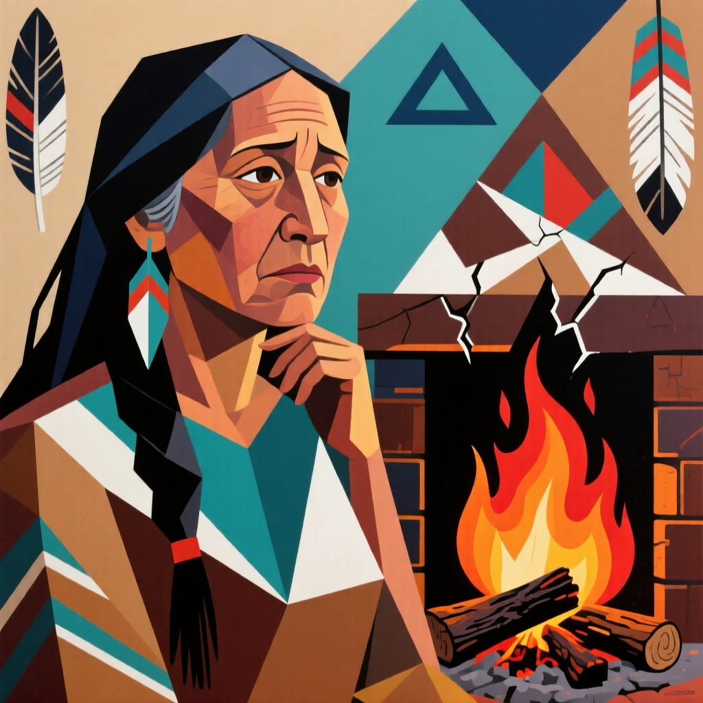 A close-up portrait of a middle-aged woman of Native American heritage, lost in quiet thought, beside a crackling hearth.