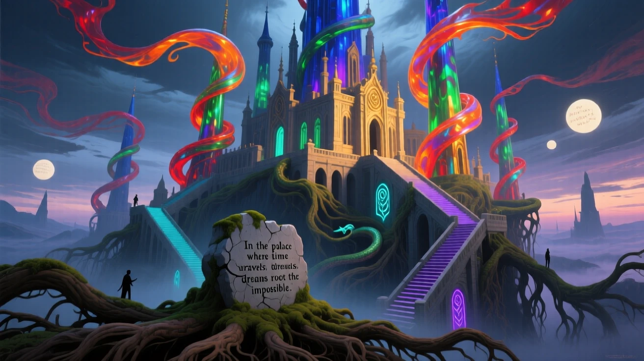 A palace whose towers twist like ribbons leans impossibly against the wind, as roots and stairways tangle together at its base.