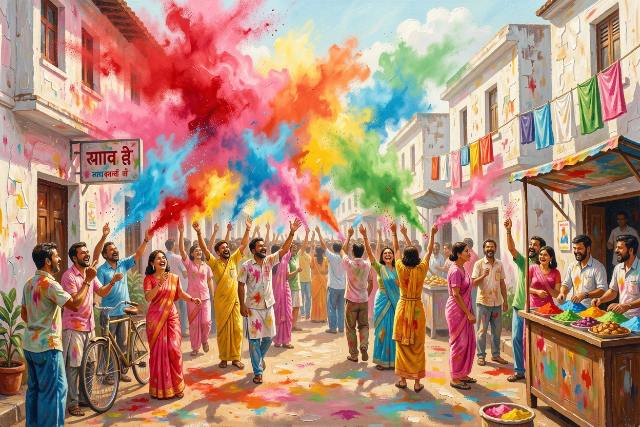 A vibrant Holi festival fills an Indian street with clouds of colored powder, laughing crowds throwing pigments against a backdrop of white buildings, local life visible in the background, adding a quiet sense of authenticity to the scene.