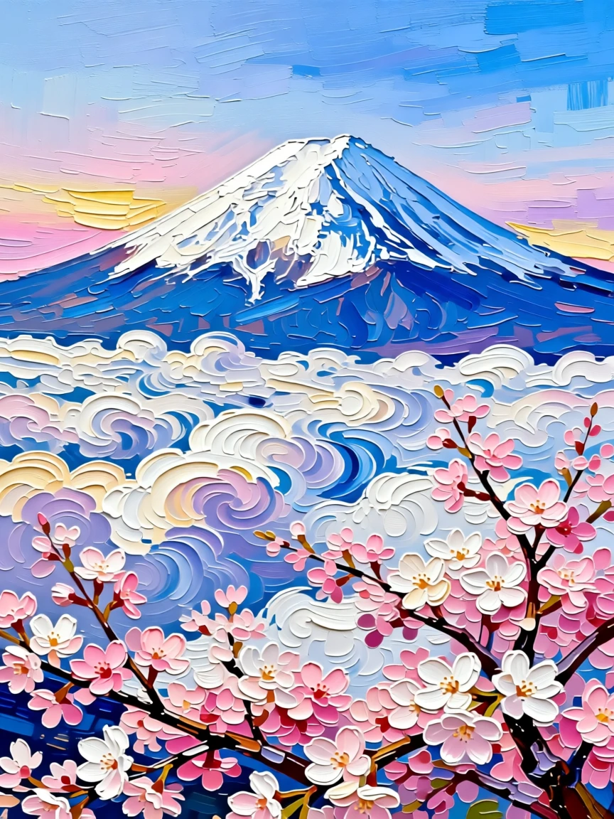 Mount Fuji rising above a sea of clouds with cherry blossoms in the foreground