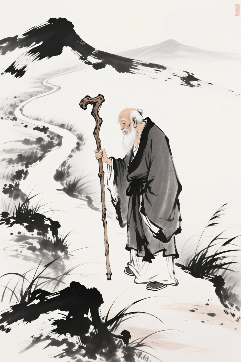 An old sage walks slowly along a winding path with a wooden staff, as a gentle wind stirs the surrounding grass.