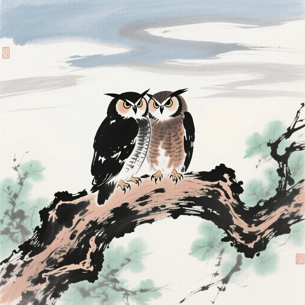 A pair of owls perched together on an old twisted branch, under a sky streaked with clouds.