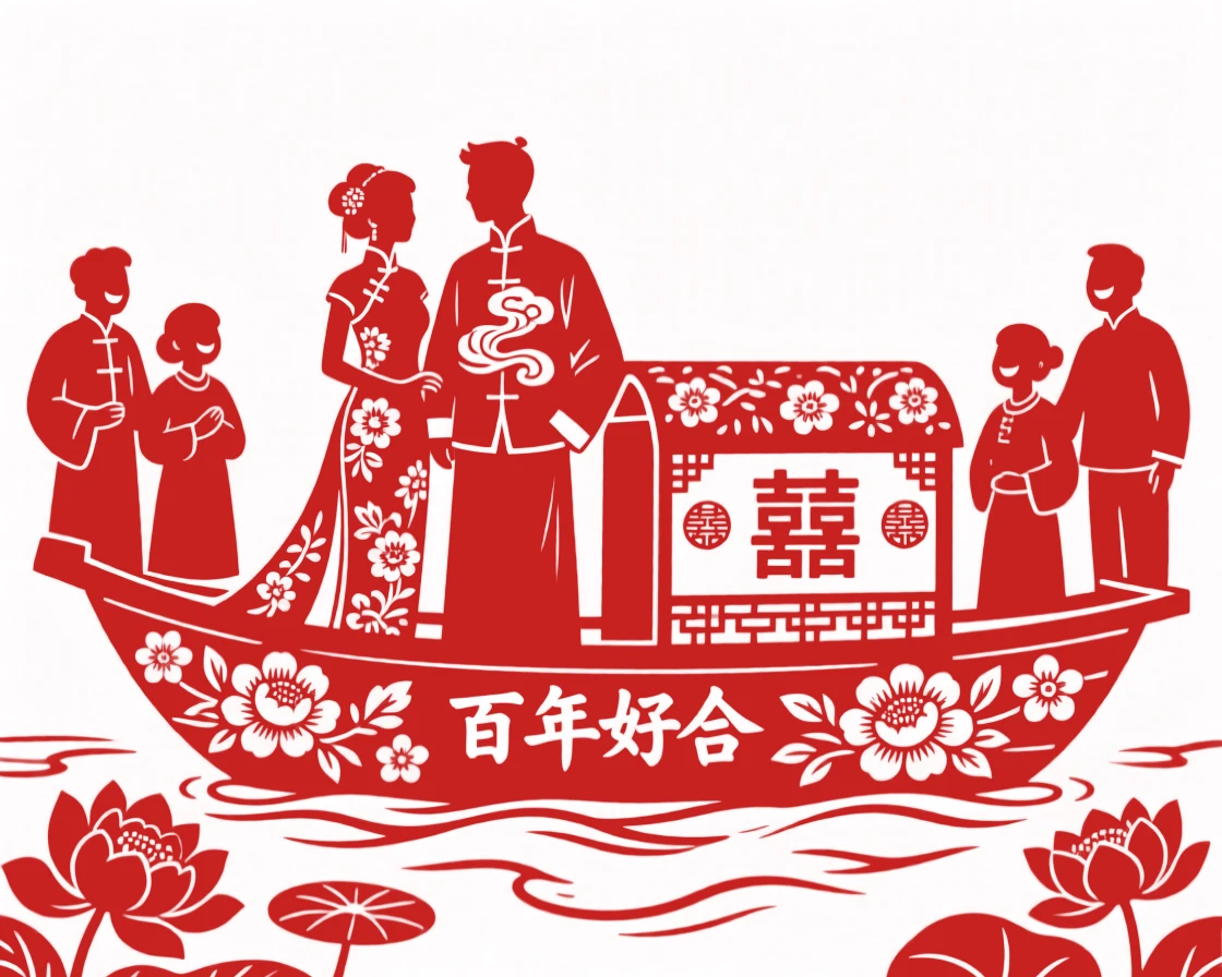 A bride and groom standing together at the prow of a flower-decked boat, family and friends watching with joyful smiles.