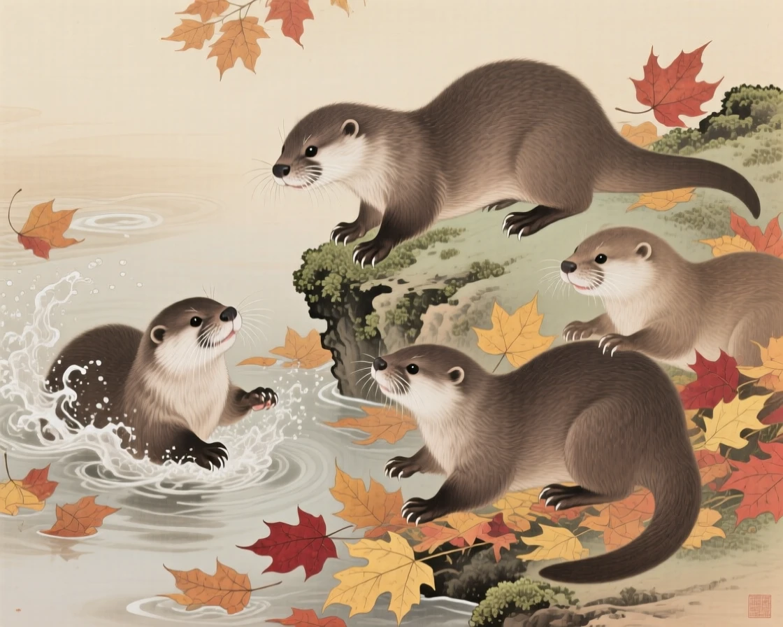 A family of otters playing among fallen autumn leaves