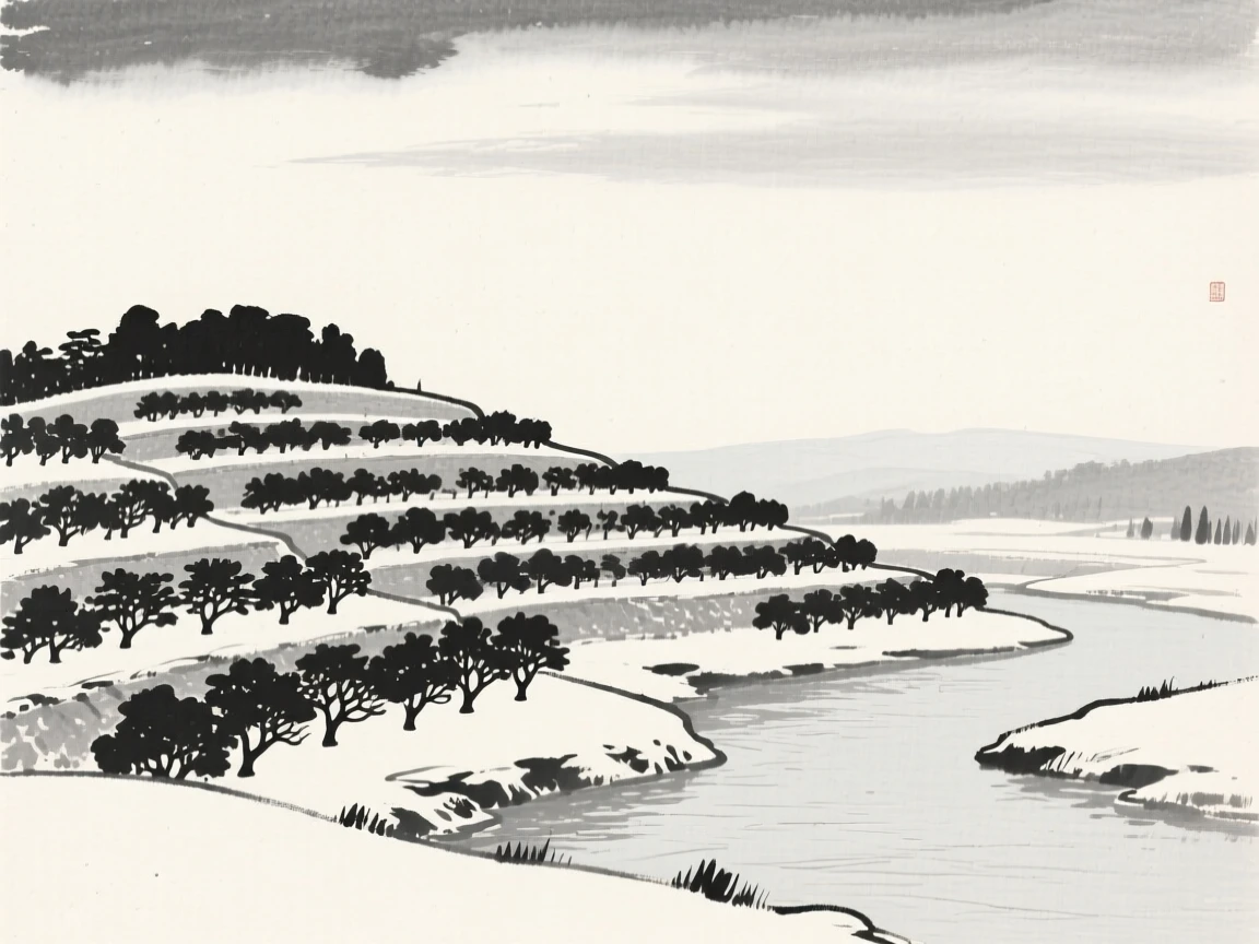 A stepped hillside orchard overlooking a quiet river bend under a pale winter sky heavy with unfallen snow, composed with wide open space above to emphasize the scale of the sky, carrying a feeling of timeless peace and stillness.