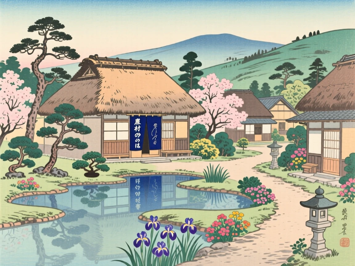 A village of thatched farmhouses with manicured gardens and reflecting pools.