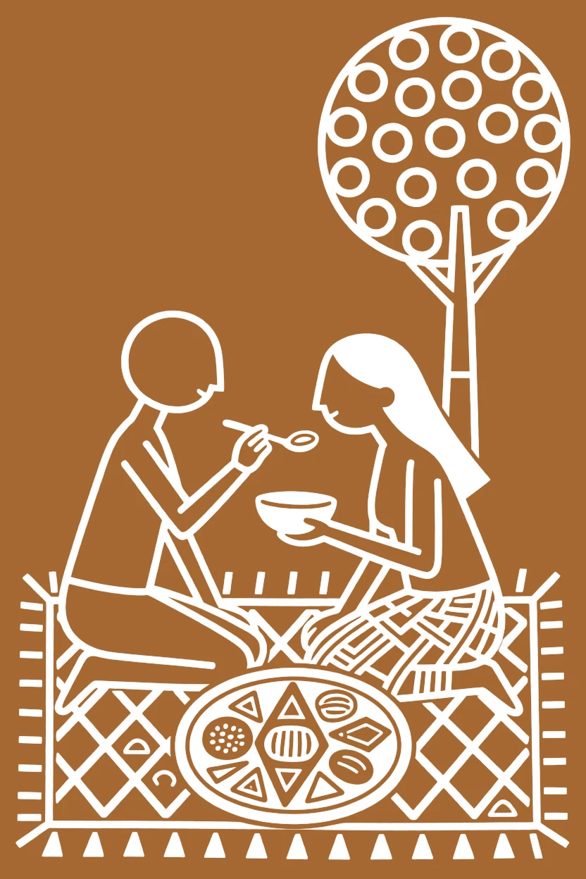 A shy pair of lovers feeding each other during a festive meal.
