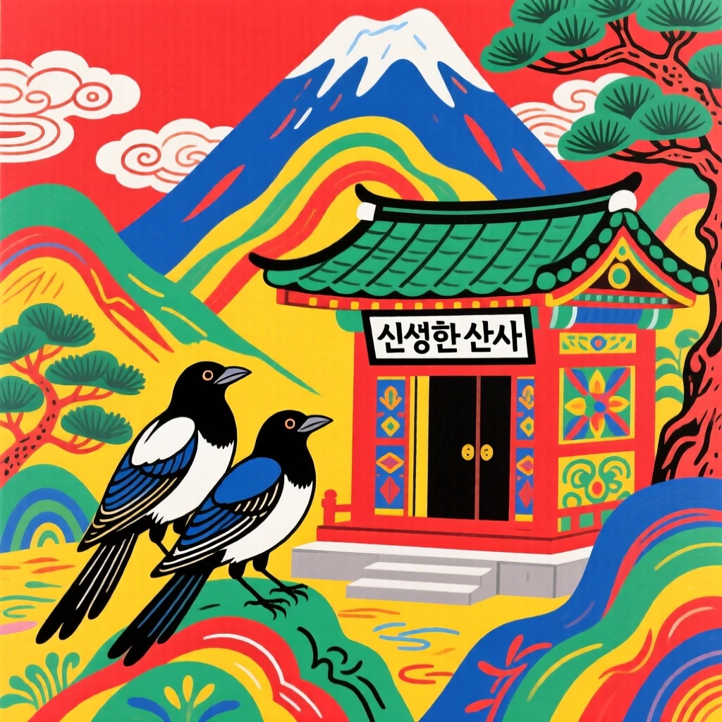 A powerful depiction of a pair of magpies resting beside a sacred mountain shrine.
