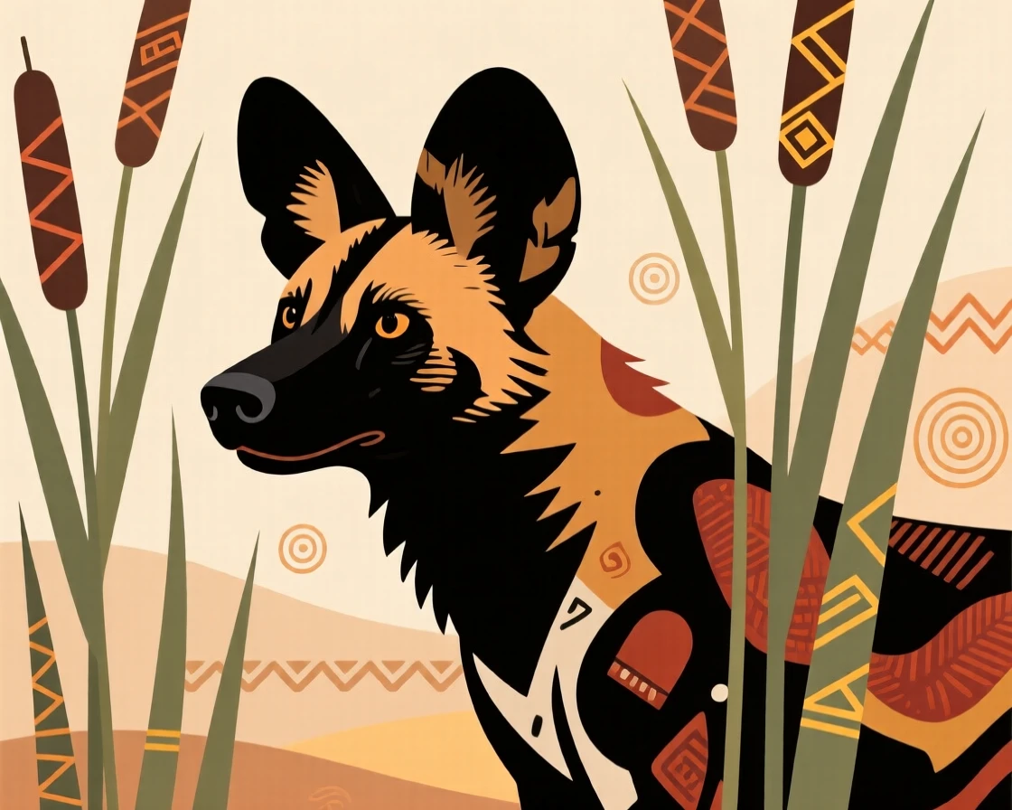 An African wild dog peering curiously from behind tall reeds.