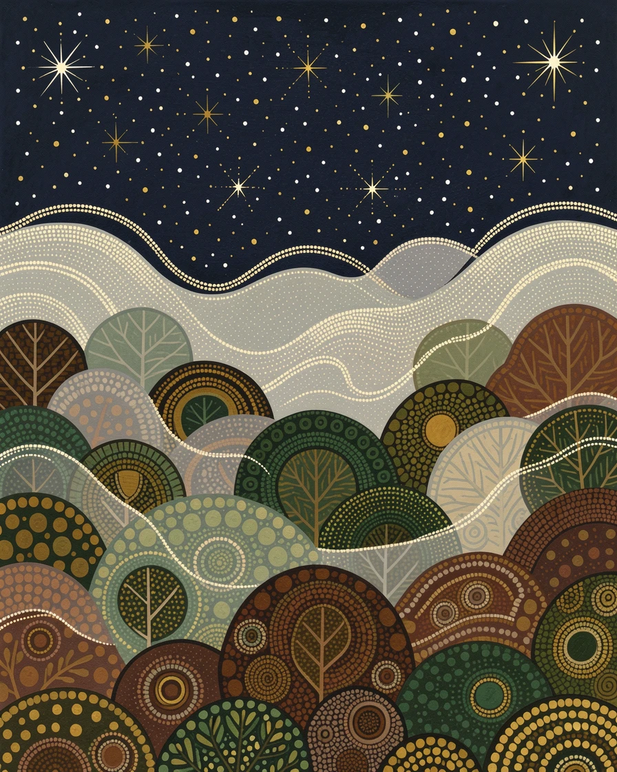 A fog-covered rainforest canopy beneath a starry night sky
