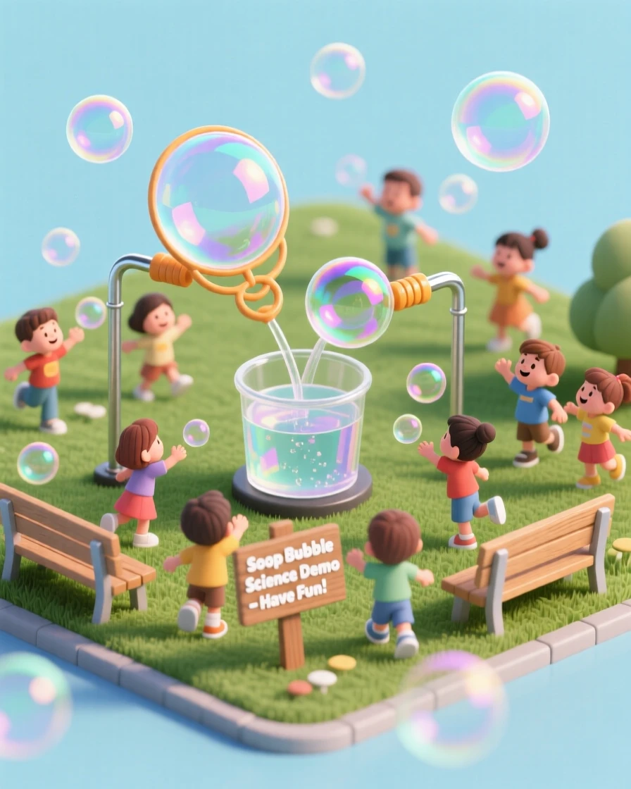 A soap bubble science demonstration in a park, giant bubble wands dipped in solution, children chasing floating orbs.