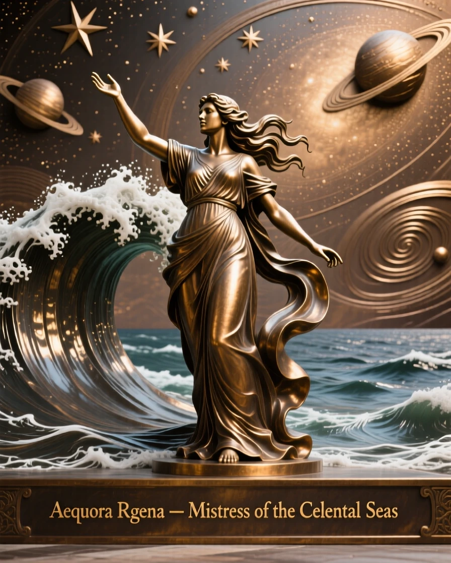 A sea goddess commanding a wave to part before her, set against a vast celestial backdrop, radiating awe and grandeur