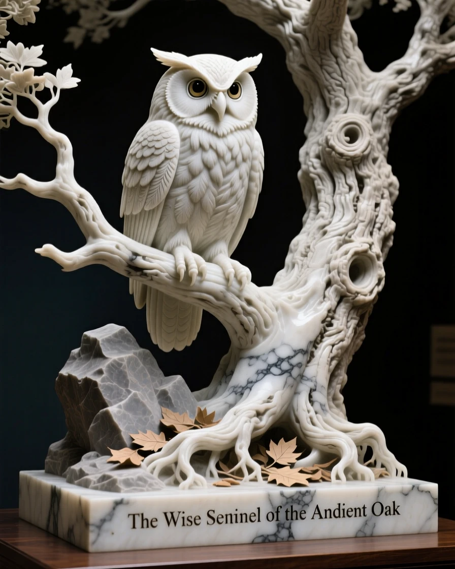 An evocative depiction of a wise old owl perched in an ancient oak, framed by dramatic natural scenery, balancing detail with emotional depth