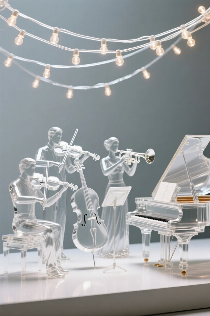 With the sound of applause rising from an unseen audience, a group of musicians performing together beneath string lights