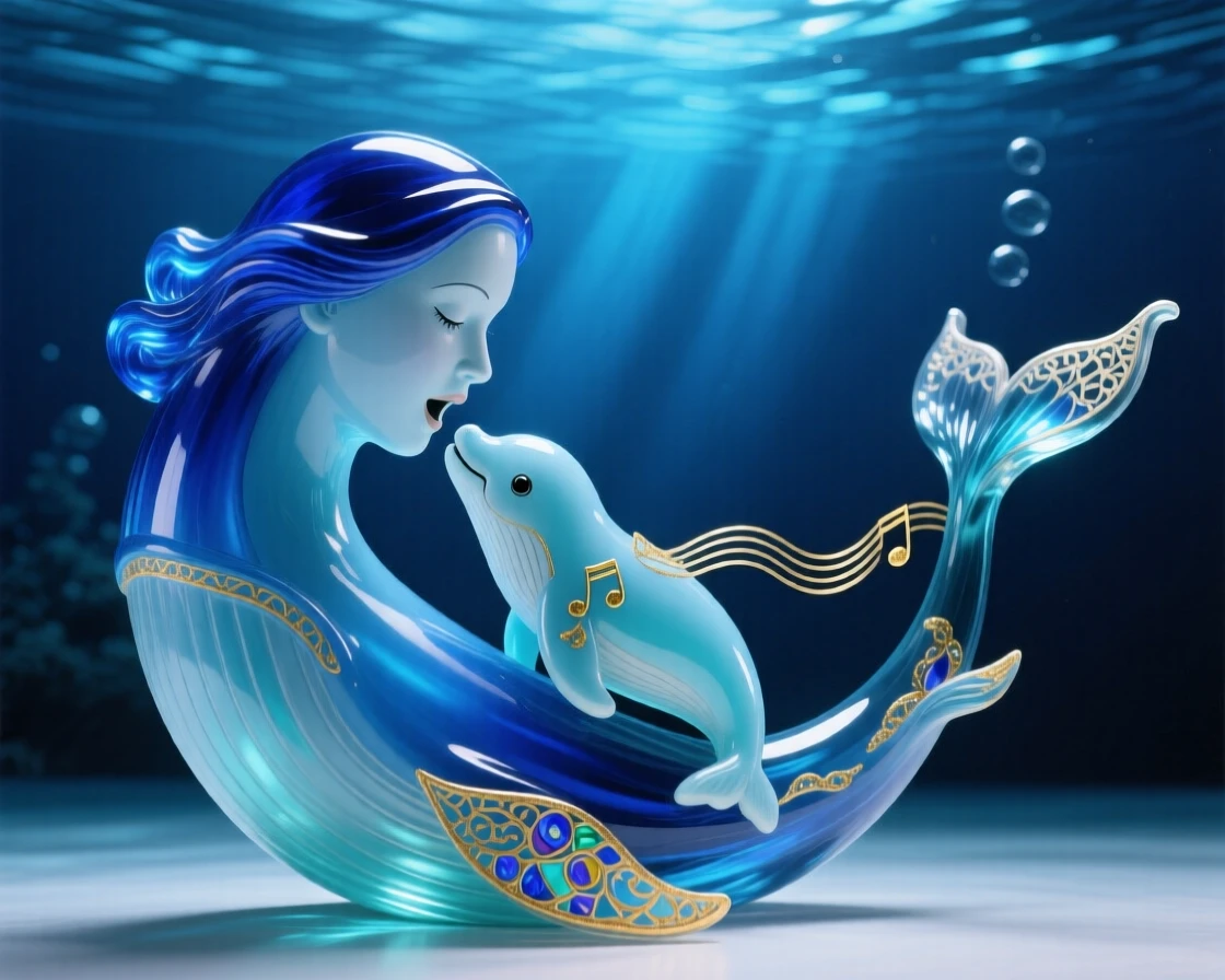 A mother whale singing to her calf in deep blue ocean light, tender and profound.