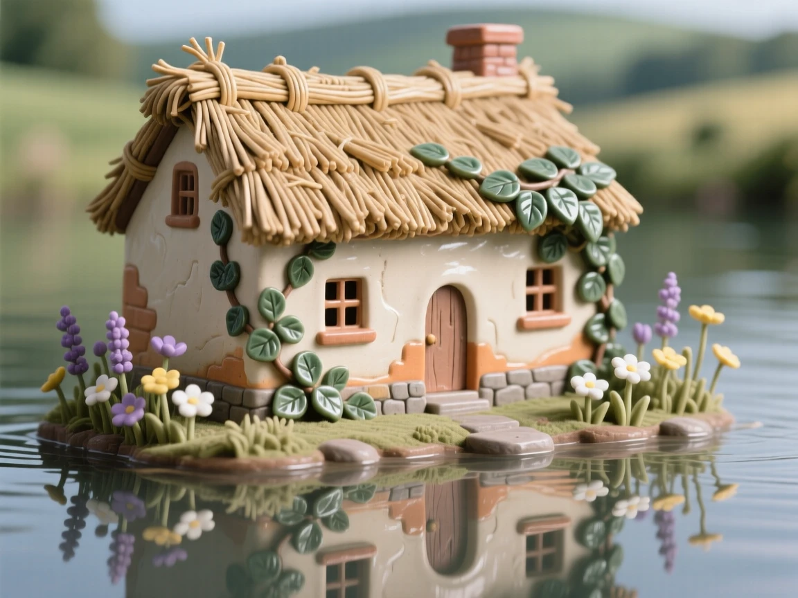 A quaint countryside cottage with a thatched roof reflected in the still waters below, surrounded by climbing ivy and wildflowers, evoking timeless wonder and quiet grandeur.