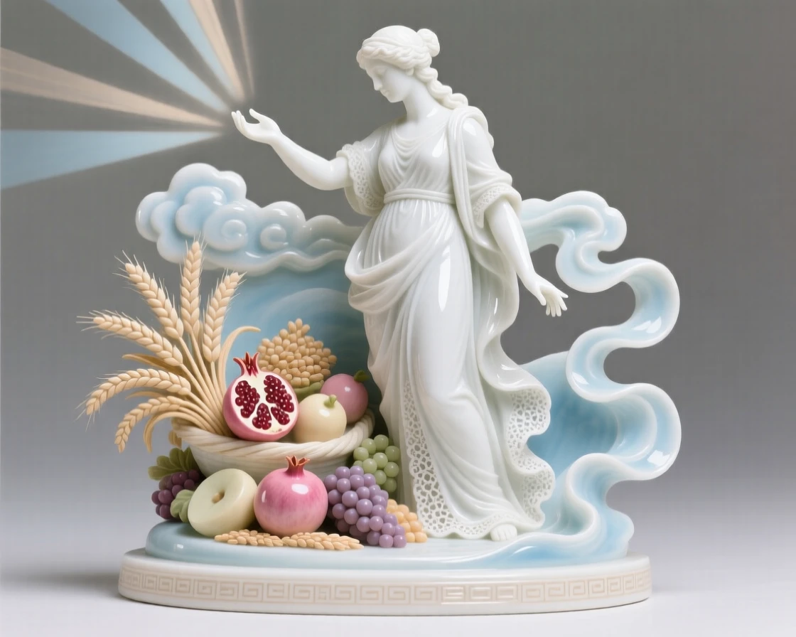 A mythological moment: Aphrodite offering a blessing over a harvest, framed by swirling clouds and light.