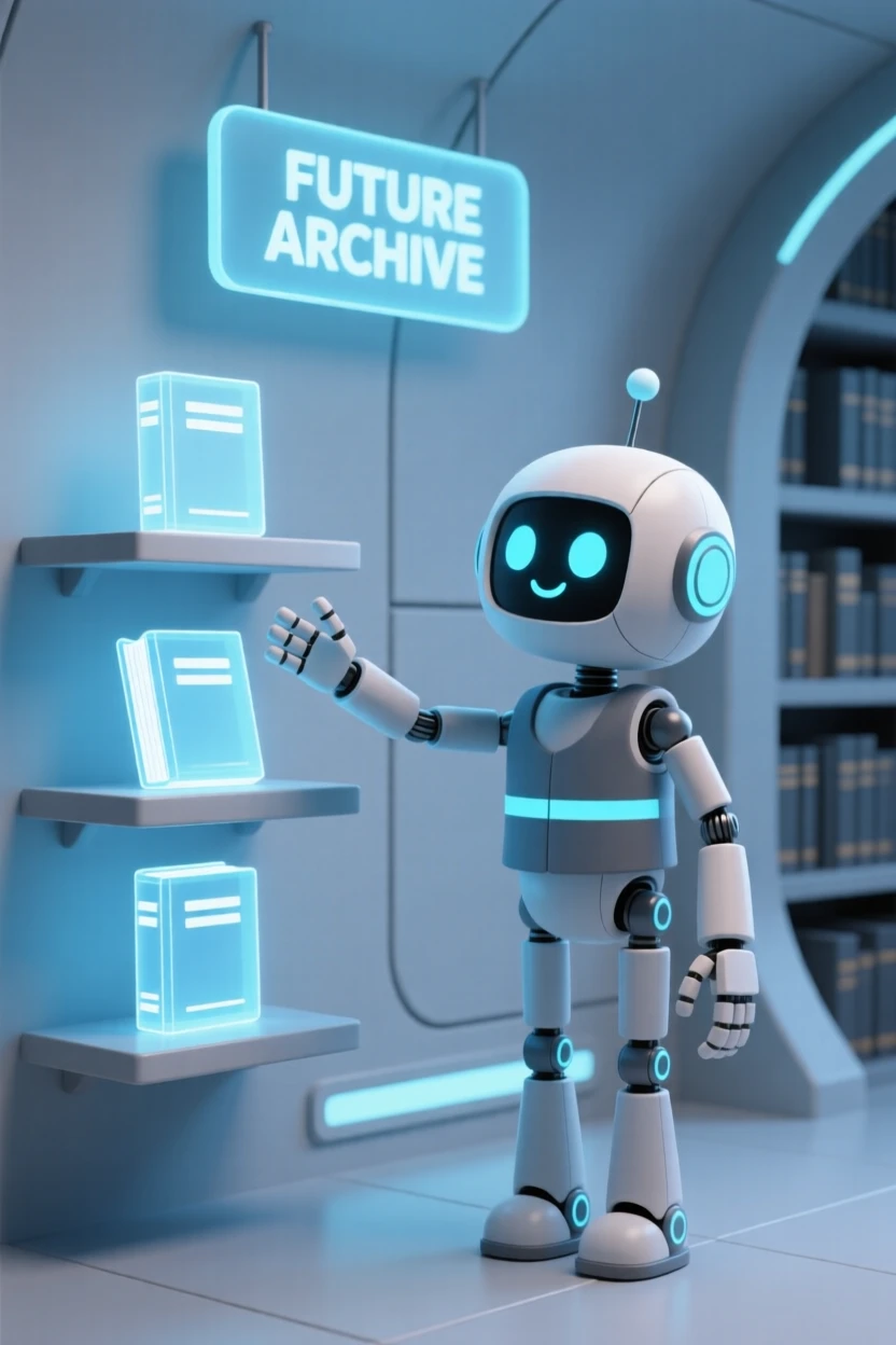 A friendly cyborg librarian organizes glowing holographic books on floating shelves inside a futuristic archive.