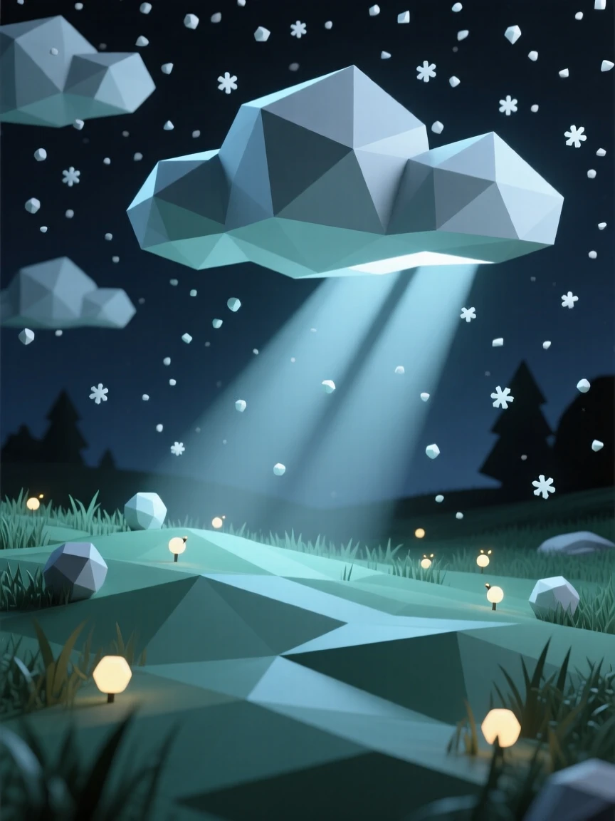 A meadow glowing under a blanket of fireflies, beneath a blanket of soft snowfall. soft light rays break through scattered clouds. The view feels timeless and untouched.