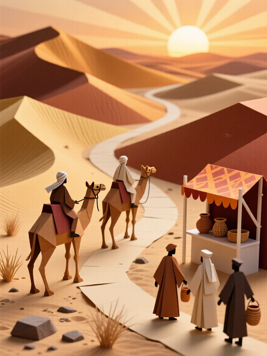 A desert caravan route among towering dunes glowing warmly at sunset, with locals going about daily life, evoking quiet, timeless beauty.