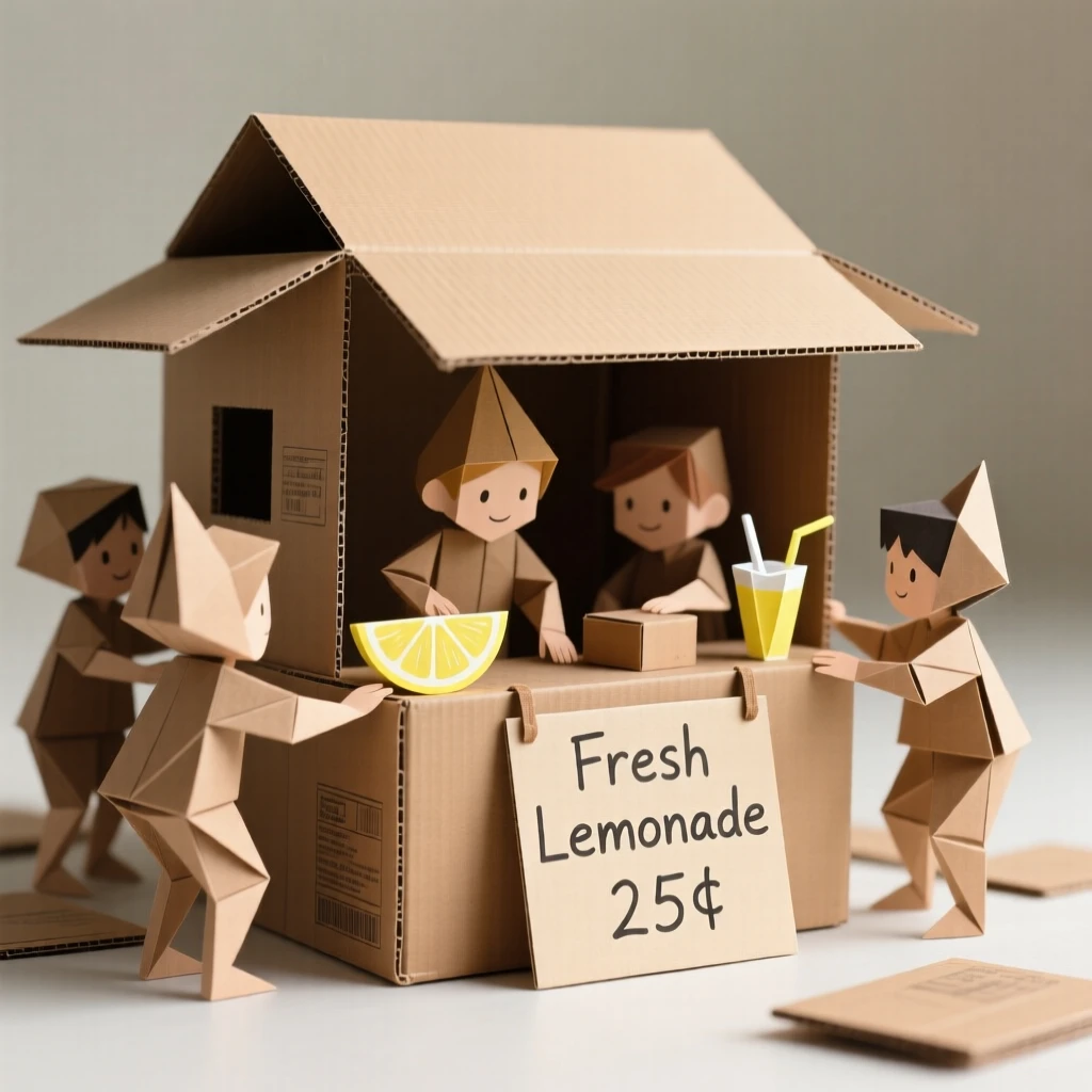 A group of children building a lemonade stand fort out of cardboard boxes.