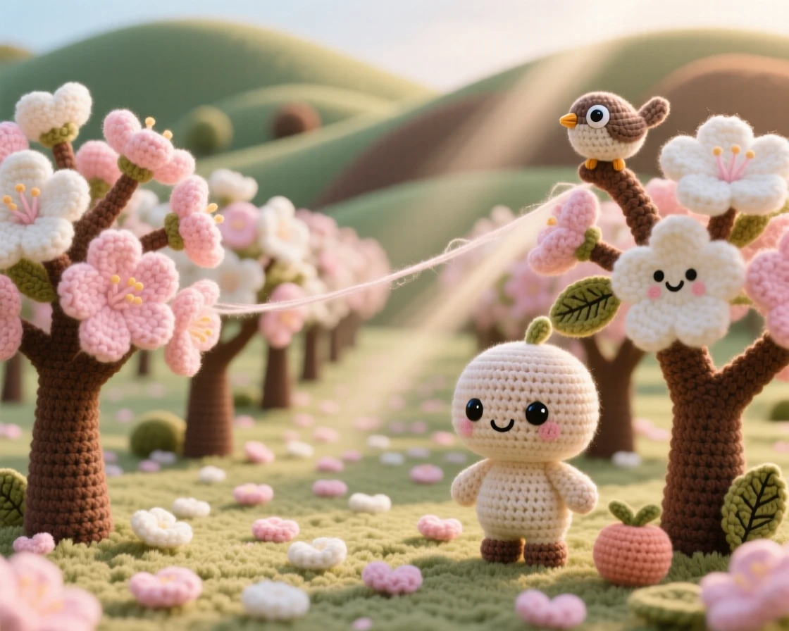 A picturesque scene featuring a quiet orchard in full bloom, with rows of blossoming fruit trees, carpeted in soft fallen petals framed by distant rolling hills, accompanied by a soft beam of light breaking through the trees, capturing quiet wonder at the wild world.