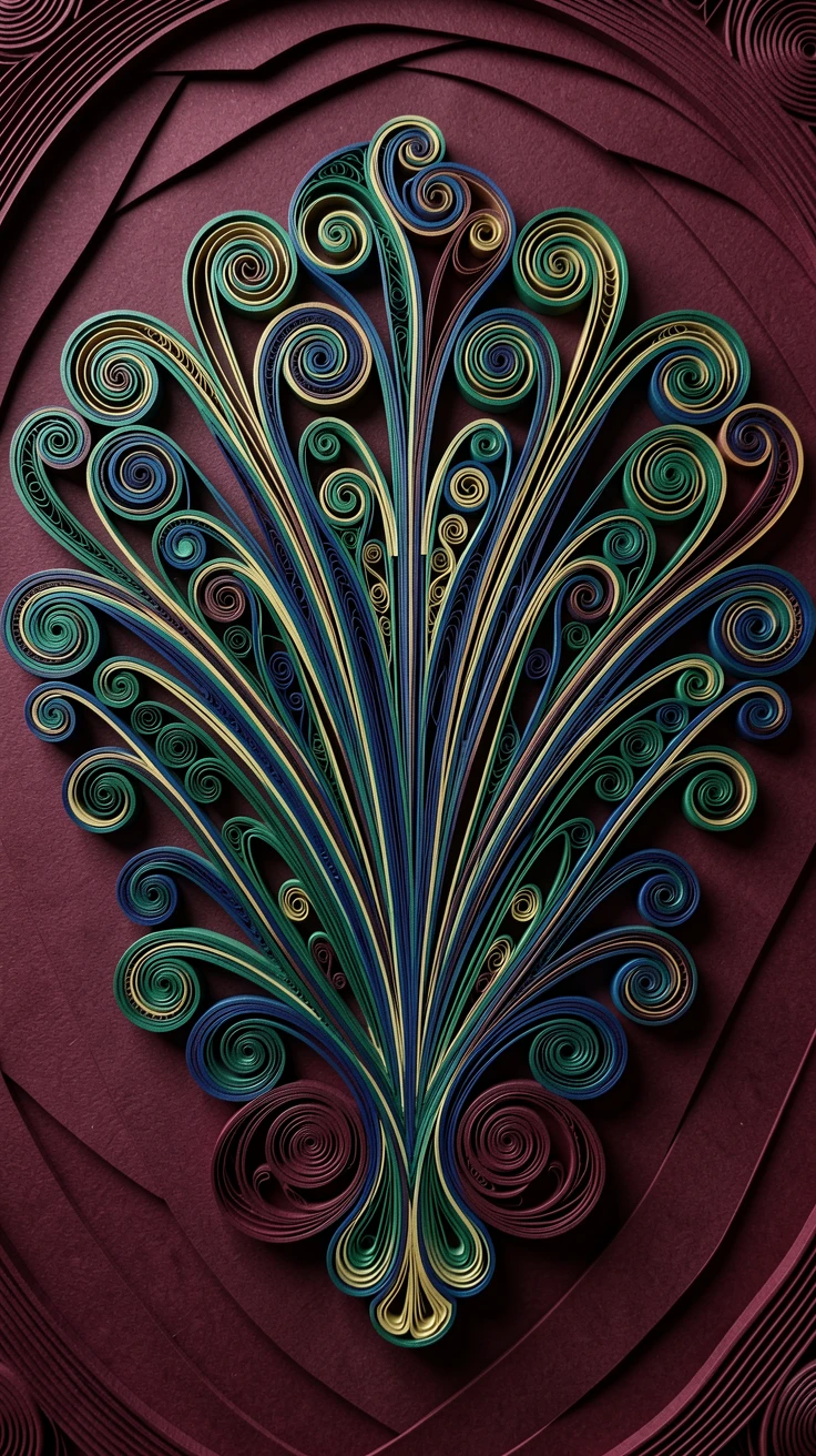 An elegant design featuring an art deco fan motif with fanning symmetrical lines, spiraling outward in a hypnotic rhythm, in a palette of jewel-toned emerald and sapphire, presented on a rich burgundy fabric backdrop.