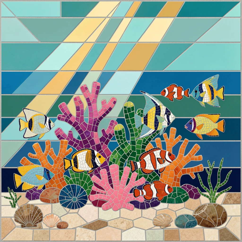 A vivid underwater scene of a vibrant coral reef teeming with colorful tropical fish, rich in color and serene movement.