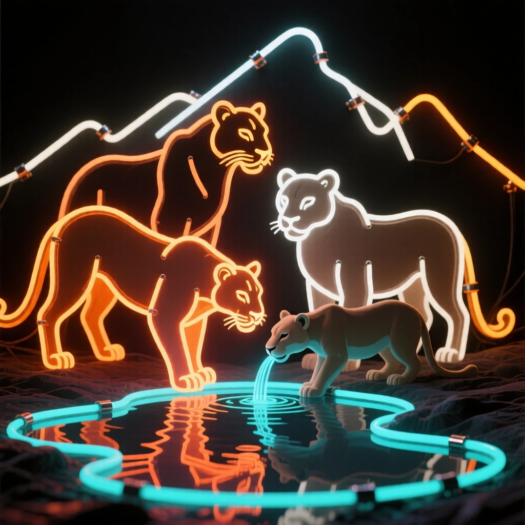A family group of mountain lions gathered near a watering hole.