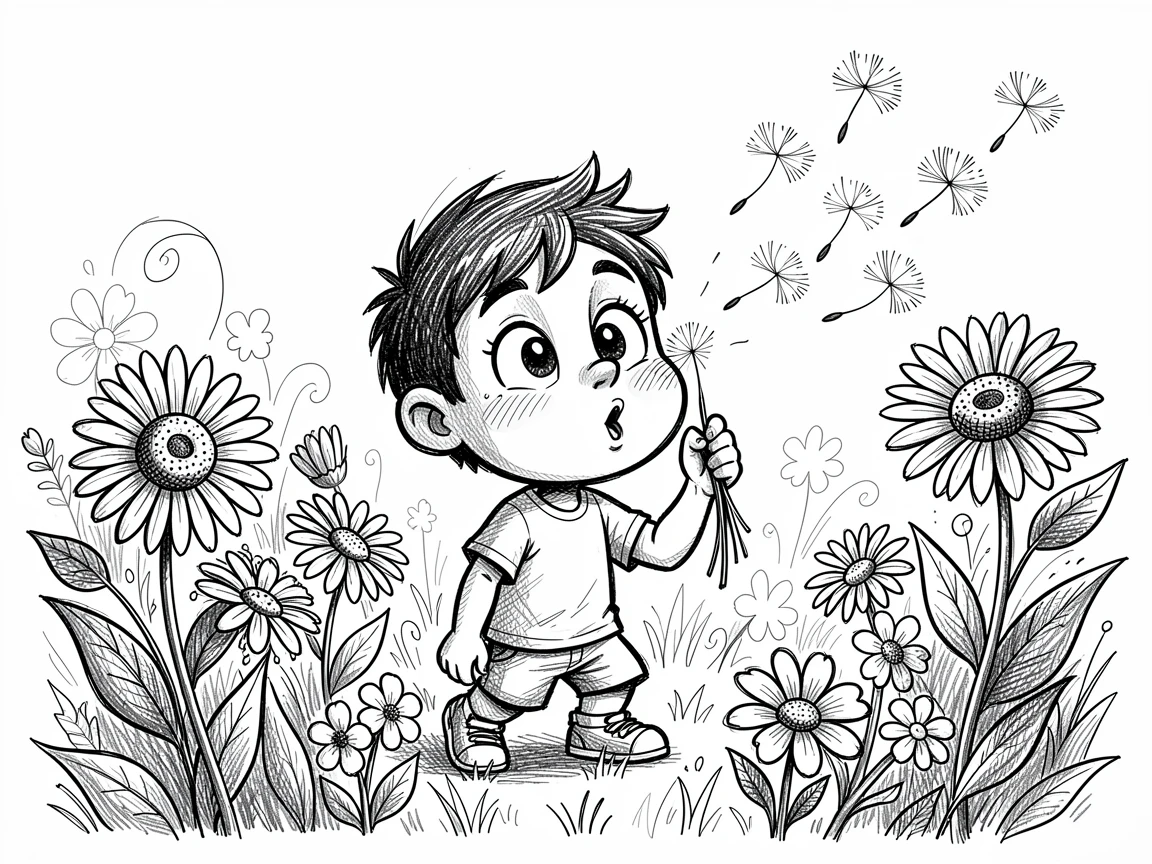 A little boy blowing dandelion seeds in a backyard full of summer flowers.